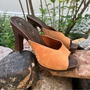 Vintage 70s Candies Camel Tan Suede Resin Slide Mule Heels